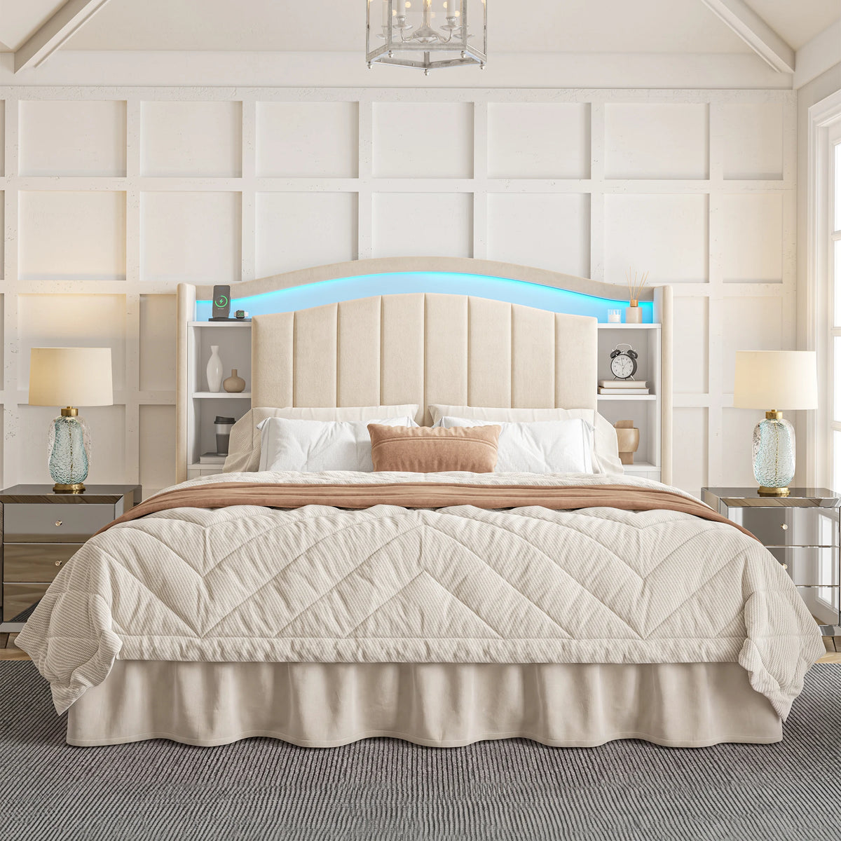 EnHomee Platform Bed Frame With Bookcase Headboard LED Charging Station