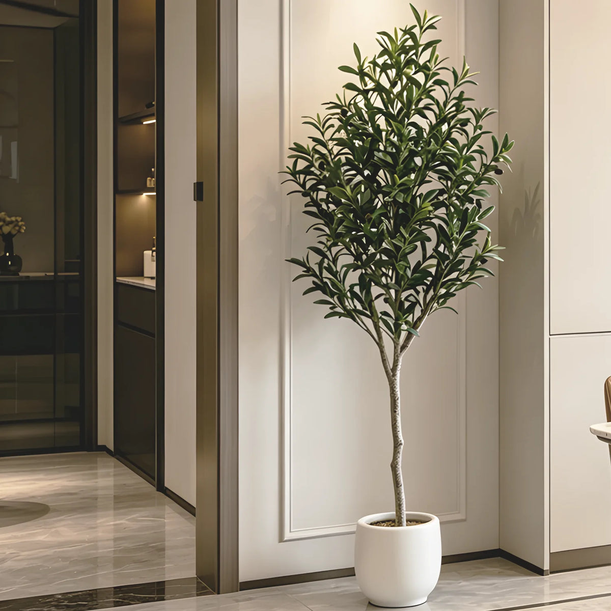 Artificial Olive Tree with Planter, Realistic Faux Silk Plant with Wood Trunk & Lifelike Fruits, Tall Fake Potted Olive Tree for Home Office Living Room Decor