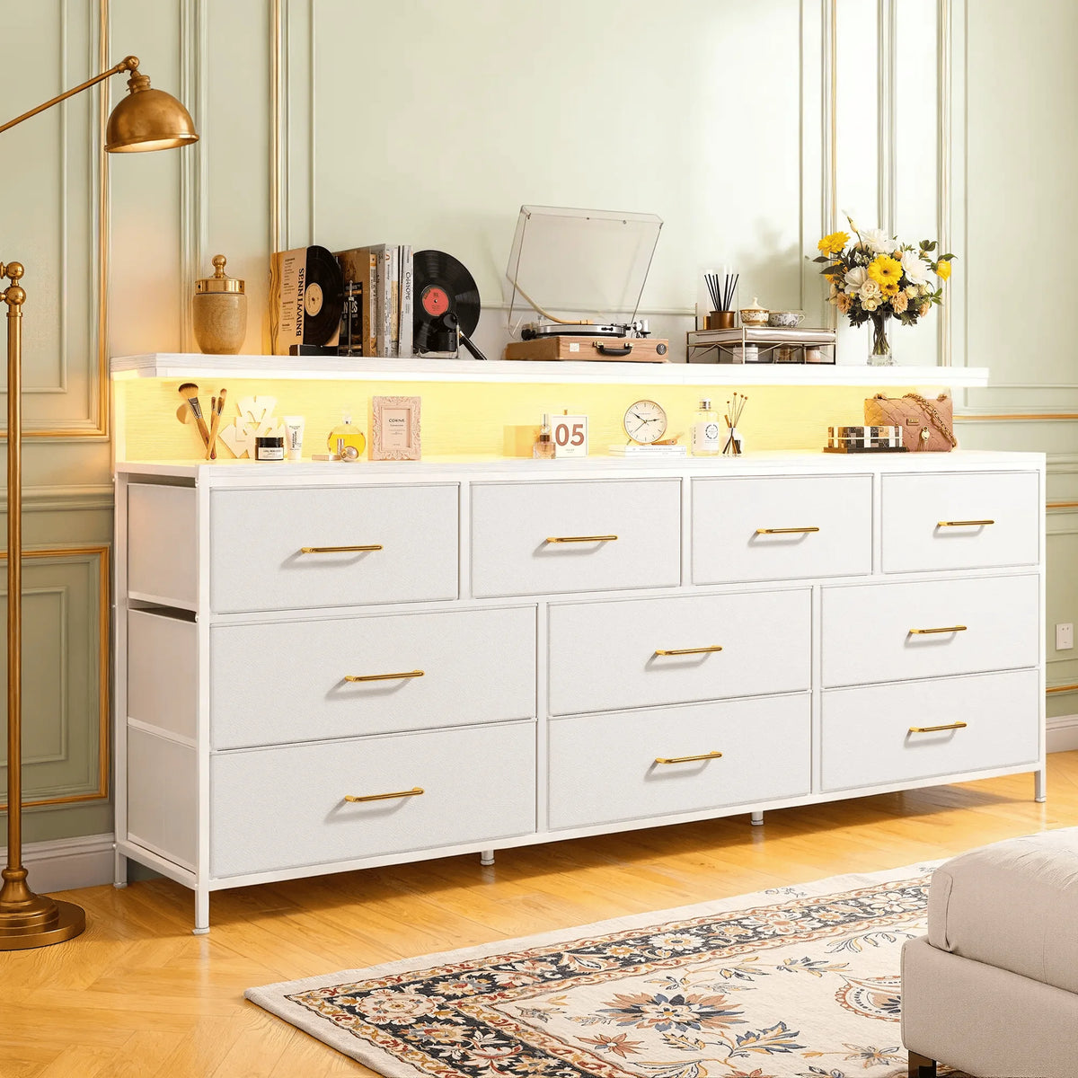 EnHomee 55 Inch Multi Function Dresser Ten Fabric Drawers Led Lighting