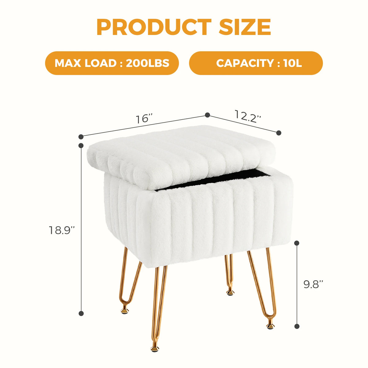JHK Faux Fur Padded Storage Ottoman With Modern Metal Legs