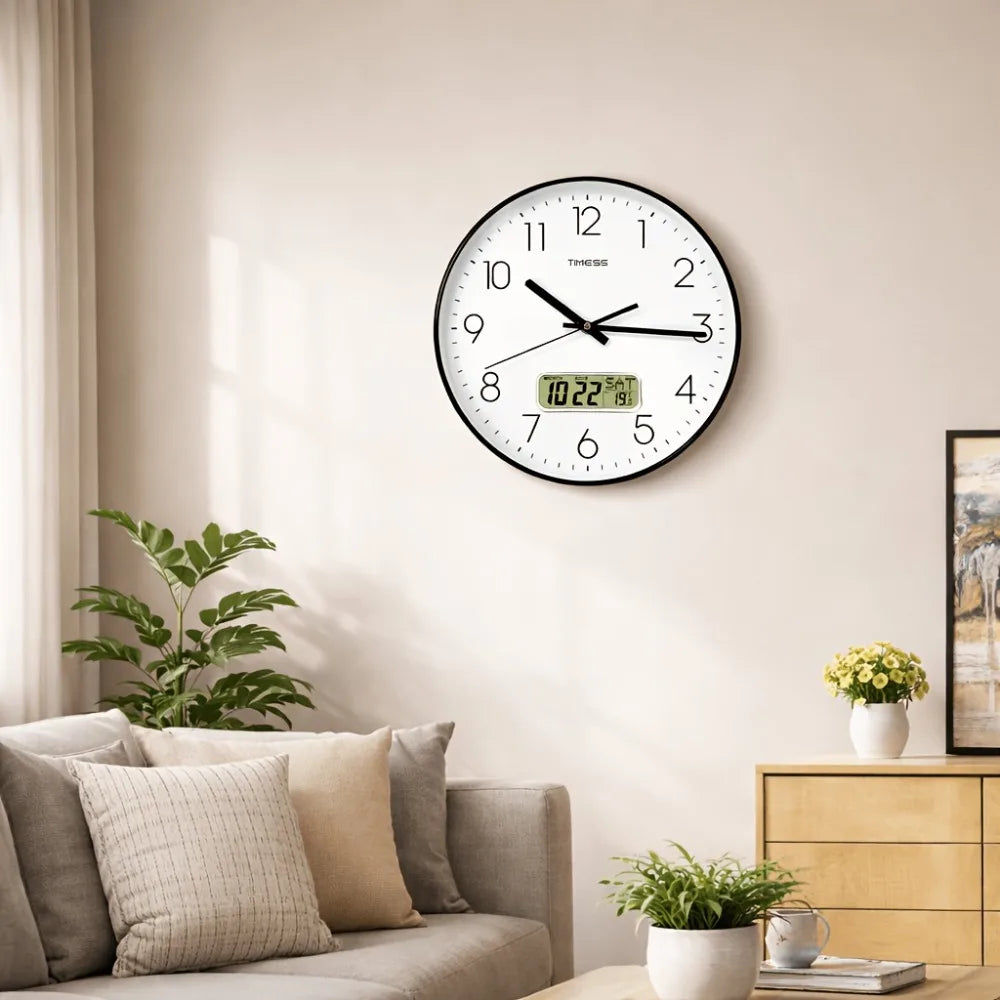 TIMESS Quartz Wall Clock with Date Display, Available In 10/12/14 Inch Sizes And 4 Colors, Features 3D Numerals And An LCD Displ