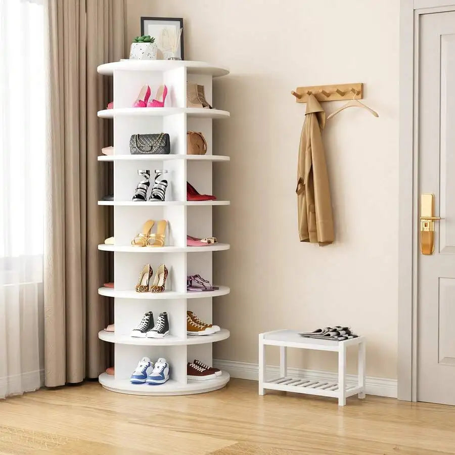 Rotating Shoe Rack Tower With Revolving Base And Storage Shelves