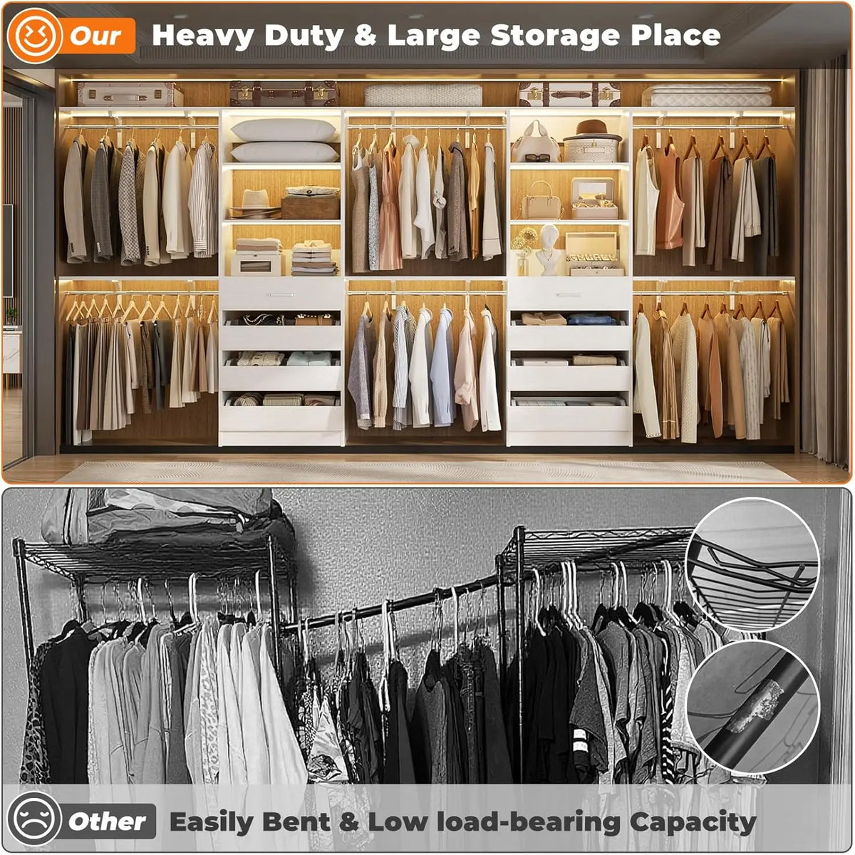 Closet System with Drawers Set of 2, Wood Closet Organizer System with 8 Hanging Rods & Top Shelves, Walk-in, Customized