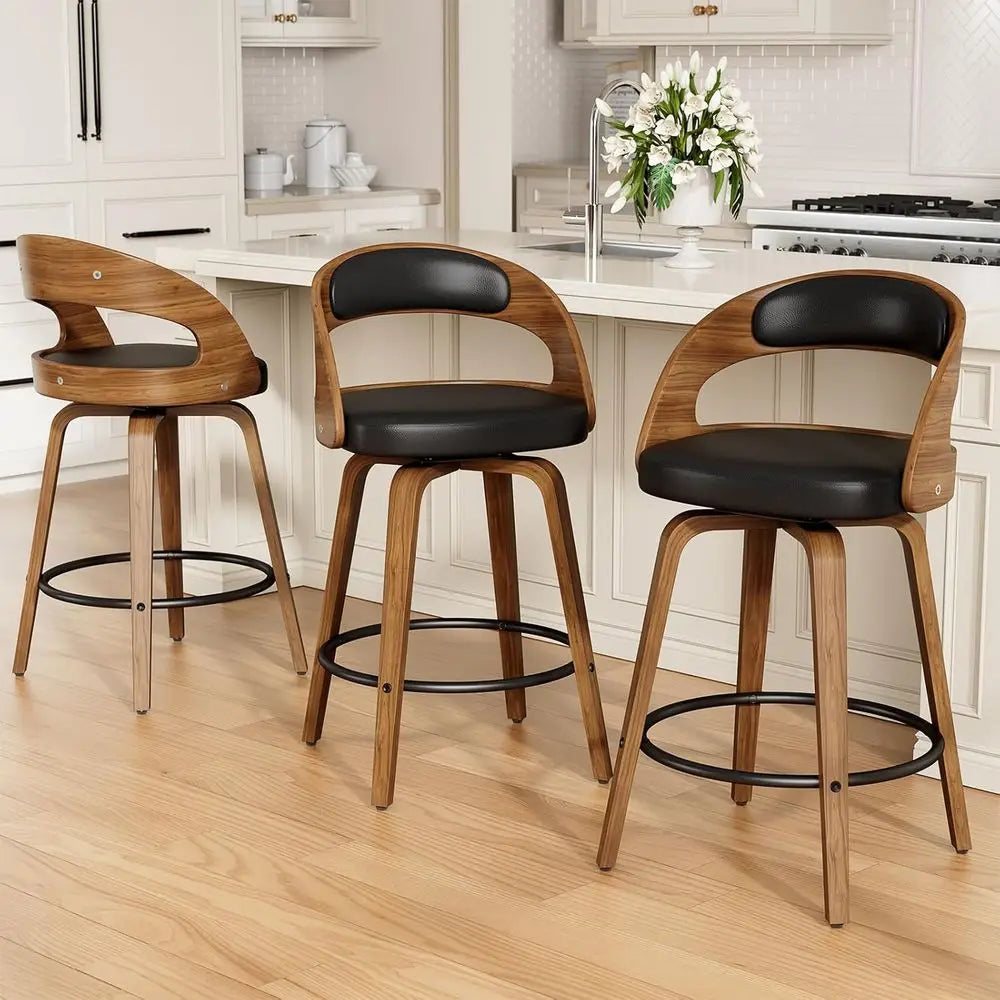 Mid Century Modern Swivel Bentwood Bar Stools With Metal Frame