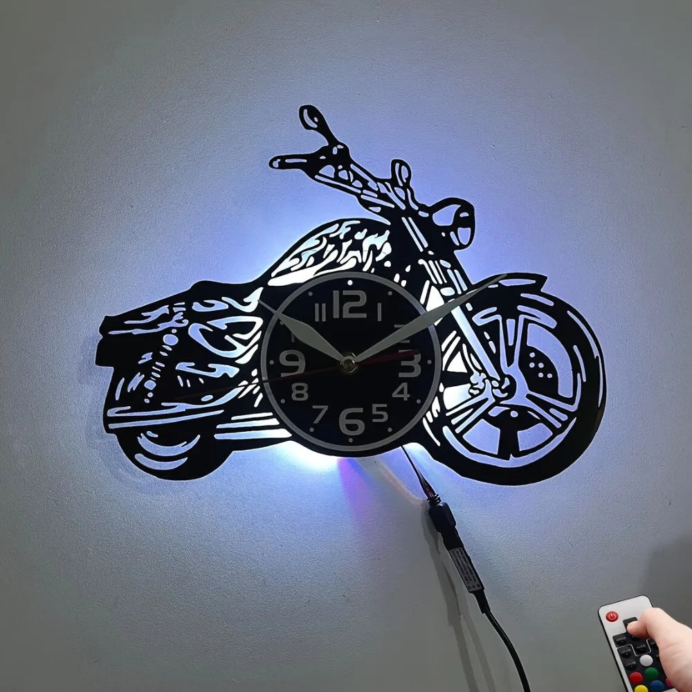 Motorcycle-Themed Wall Clock Featuring Silent Sweep Movement And Seven Color Night Light, Perfect for a 'S Room, for Man Cave, O