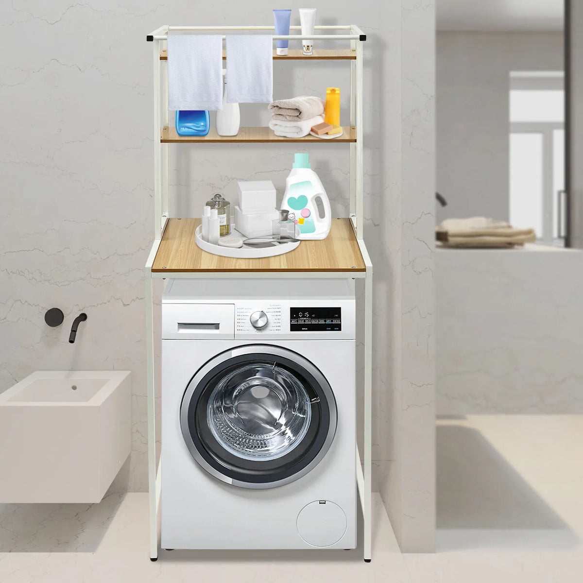 3-Tier Washer and Dryer Storage Shelf Bathroom Space Saving Organizer Rack with Clothes Hanging Rod Rail Towel Handbag Rack