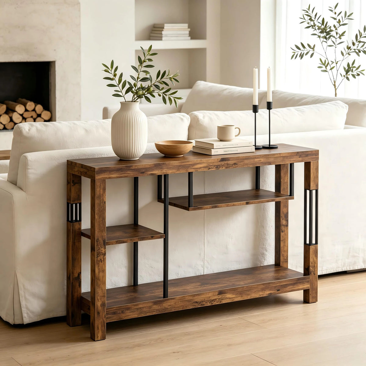 HiMISS Industrial Wood Console Table With Metal Frame