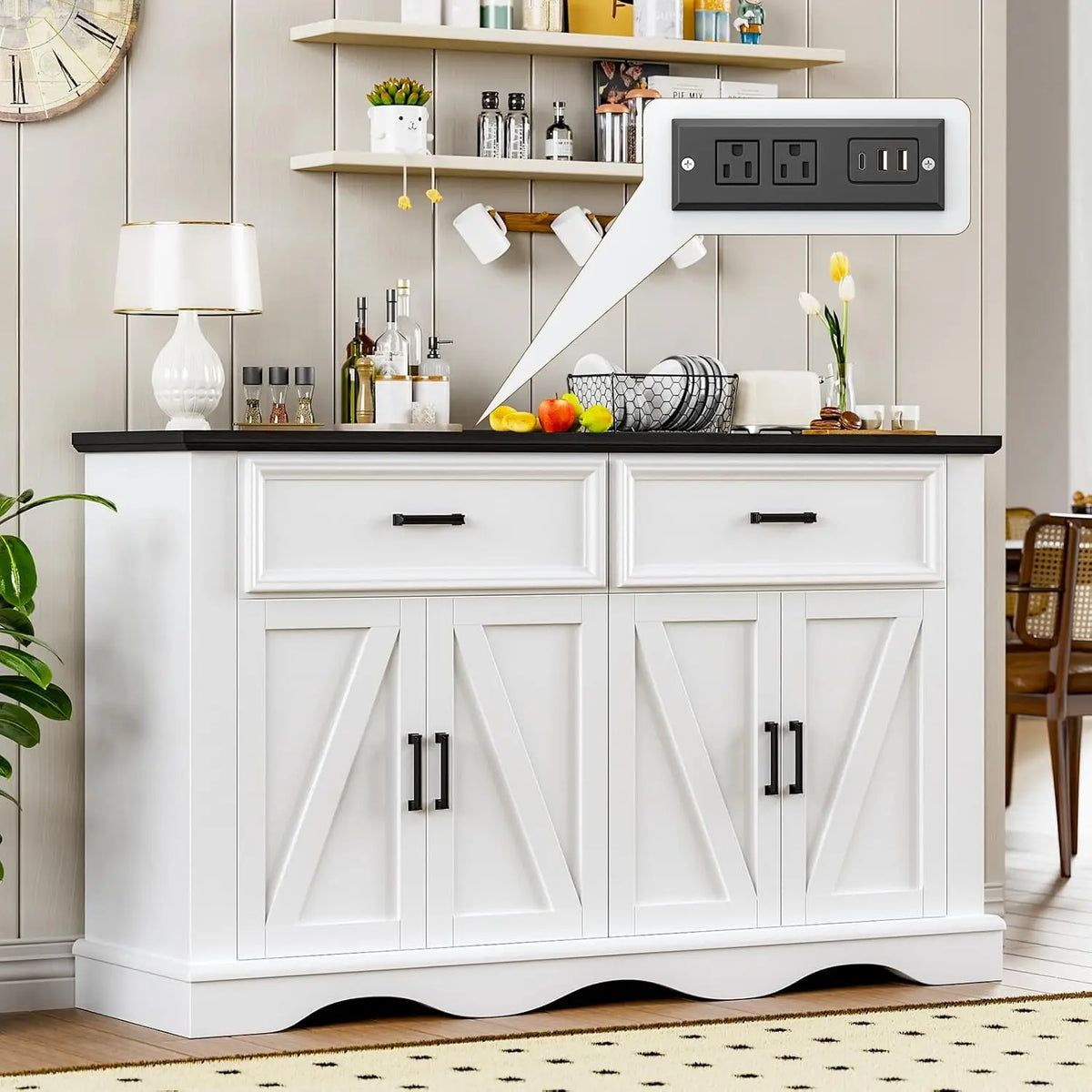 Modern Farmhouse Sideboard Buffet With Charging Station And Soft Close