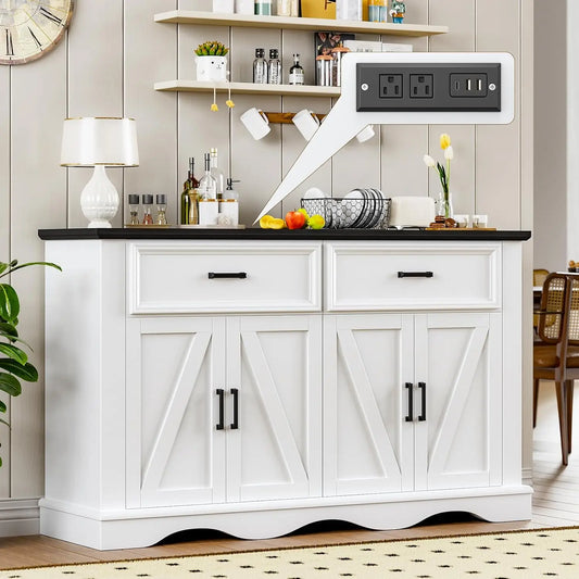 Modern Farmhouse Sideboard Buffet With Charging Station And Soft Close