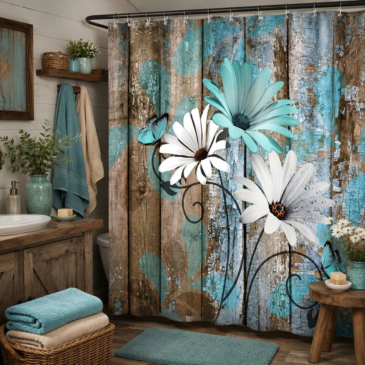 Farmhouse Daisy Floral Shower Curtain With Hooks, Rustic Garden Decor