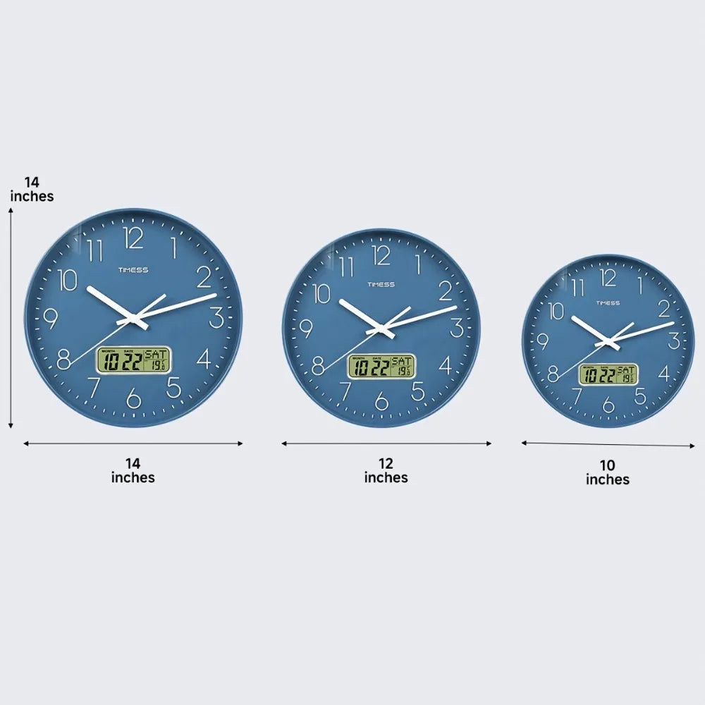 TIMESS Quartz Wall Clock with Date Display, Available In 10/12/14 Inch Sizes And 4 Colors, Features 3D Numerals And An LCD Displ