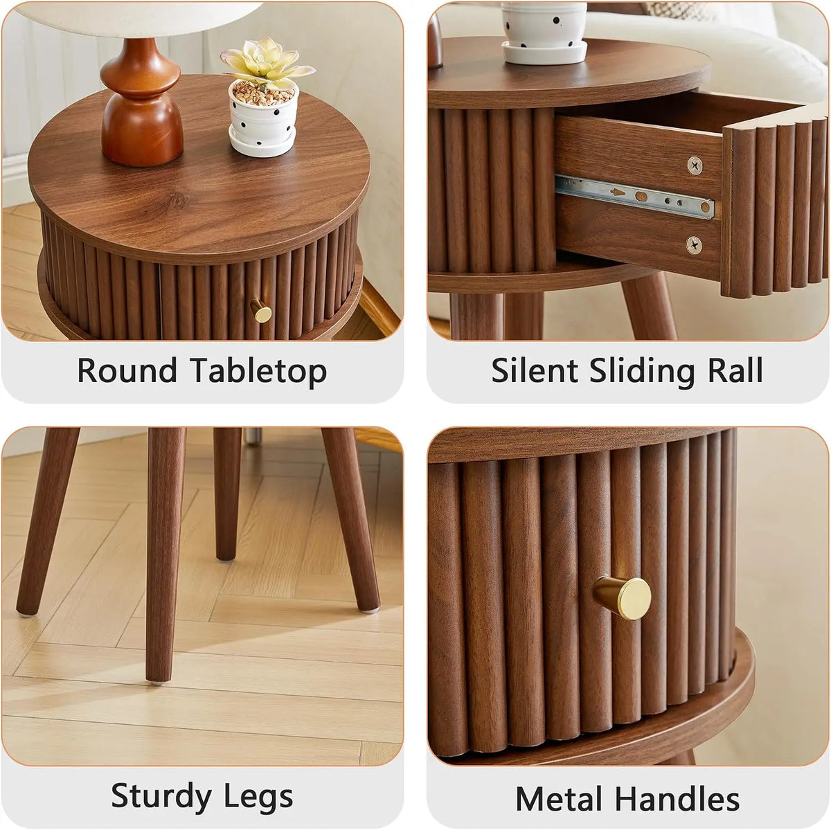 Mid Century Modern Round Fluted Side Table Set With Drawer