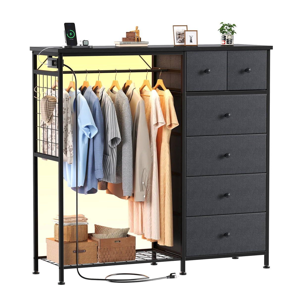 Jhk 6 Drawer Fabric Dresser Hanging Rack Charging Station