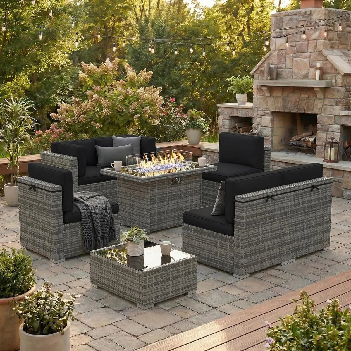 Xiaolang Outdoor Wicker Patio Sofa Set With Fire Pit Table