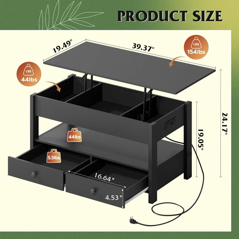Wlive Lift Top Coffee Table With Drawers And Wooden Shelves