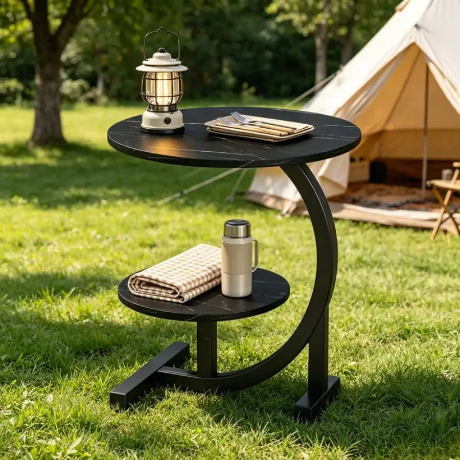 Two Tier C Shaped Outdoor Metal Frame Patio Side Table
