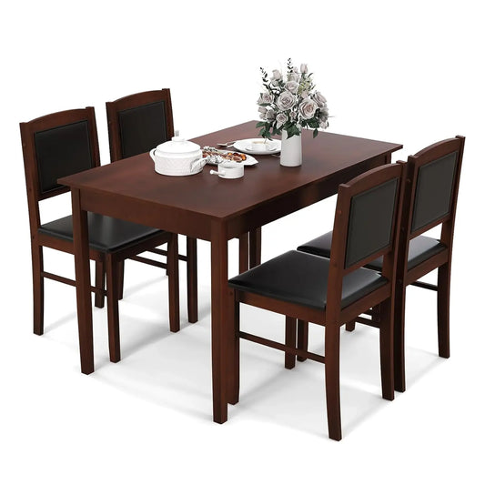 Dining Table Set for 4, Farmhouse Solid Wood Dinette Set w/Rubber Wood Legs, Upholstered Seat & Padded Backrest,, Customized