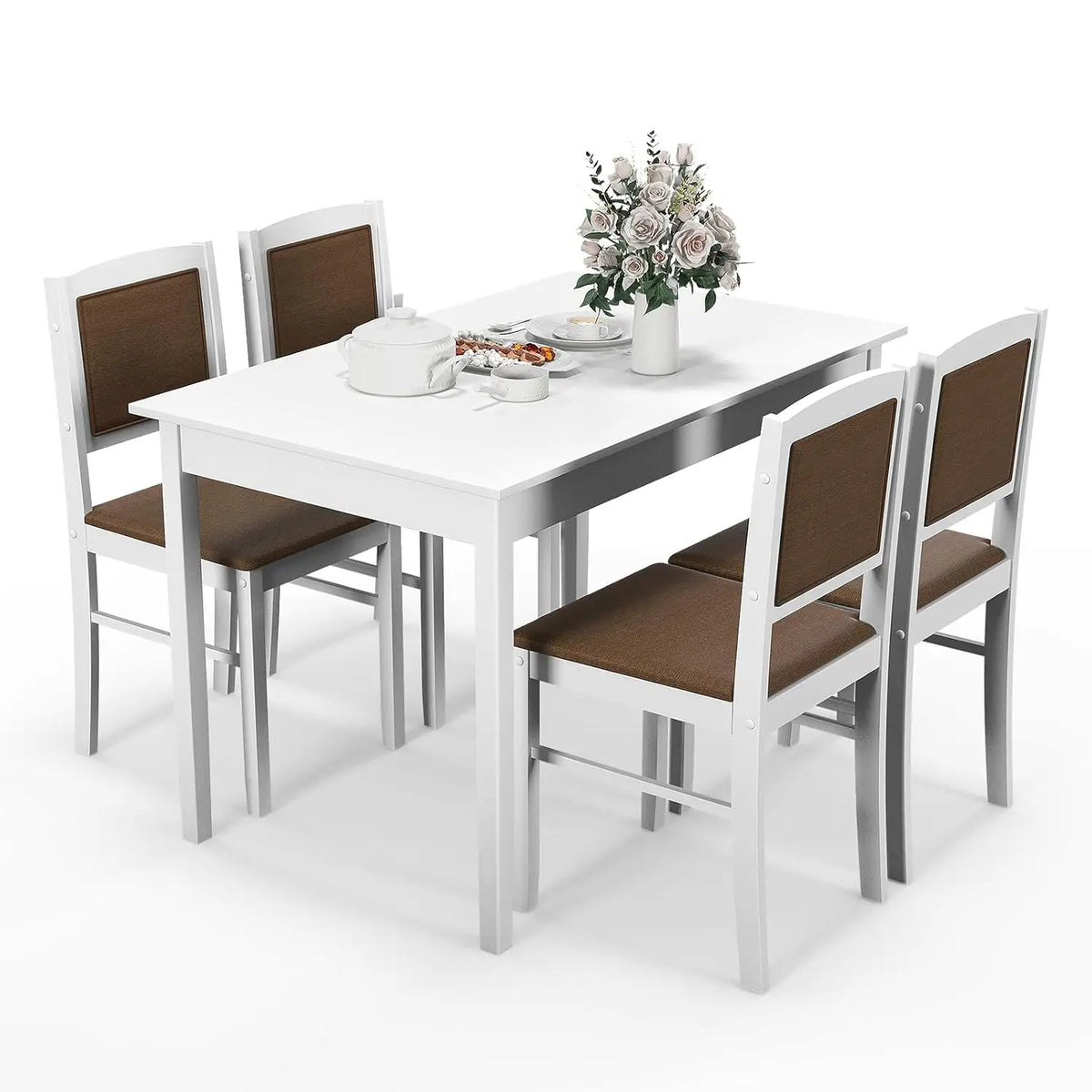 Dining Table Set for 4, Farmhouse Solid Wood Dinette Set w/Rubber Wood Legs, Upholstered Seat & Padded Backrest,, Customized
