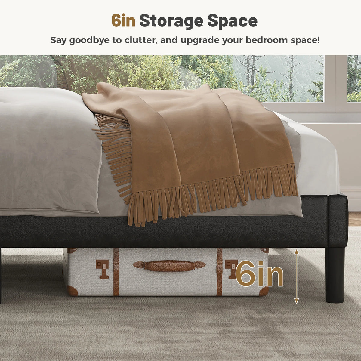 MCQ Wooden Bed Frame With PU Leather Wingback Headboard