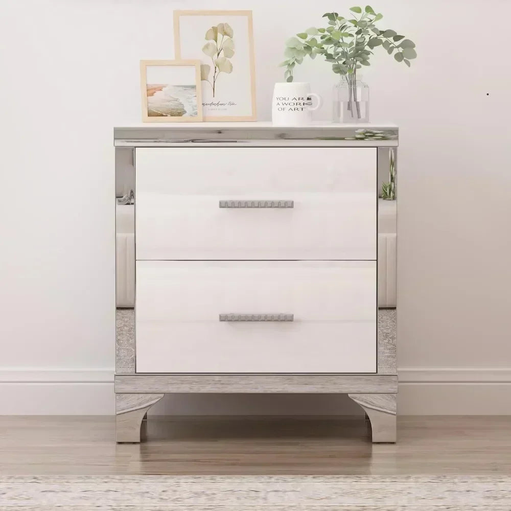 Modern Mirrored Nightstand With 2 Drawers And Metal Handles
