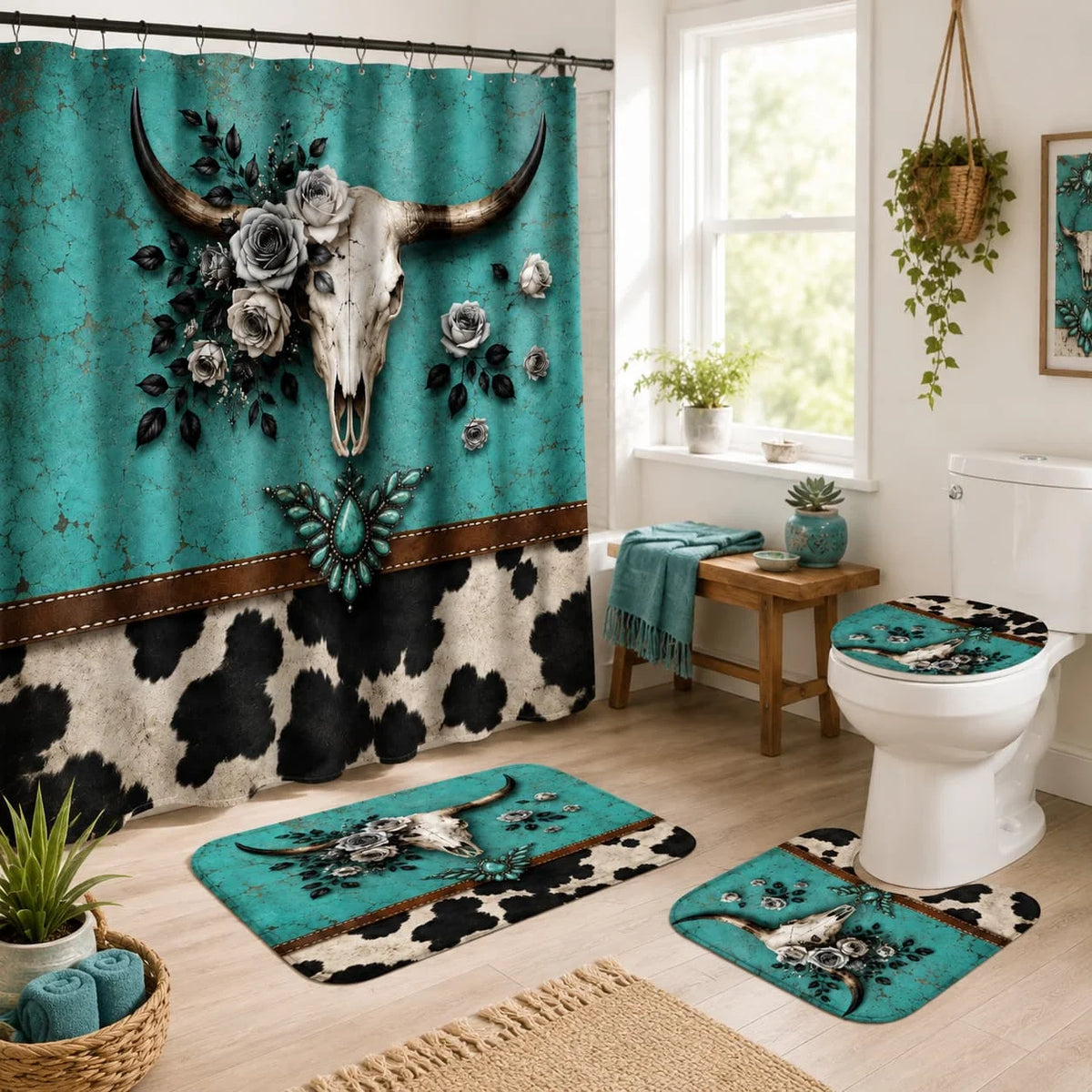 Western Cow Skull Shower Curtain Set Bath Mat And Accessories