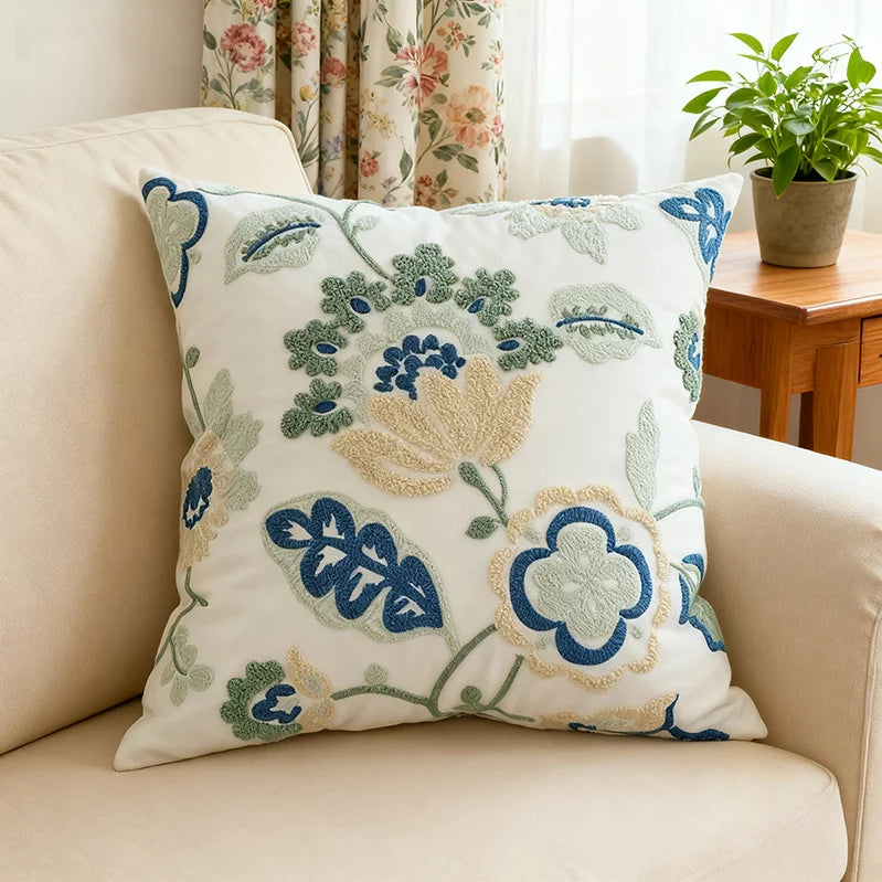 Floral Embroidered Cotton Blend Nordic Style Pillow Cover For Sofa