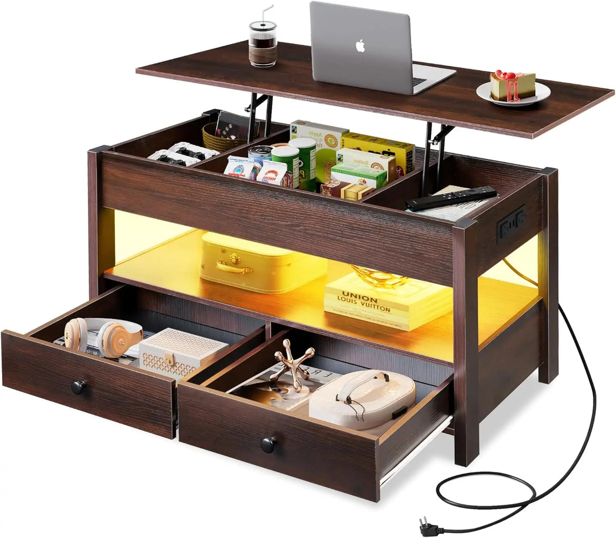 Wlive Lift Top Coffee Table With Drawers And Wooden Shelves