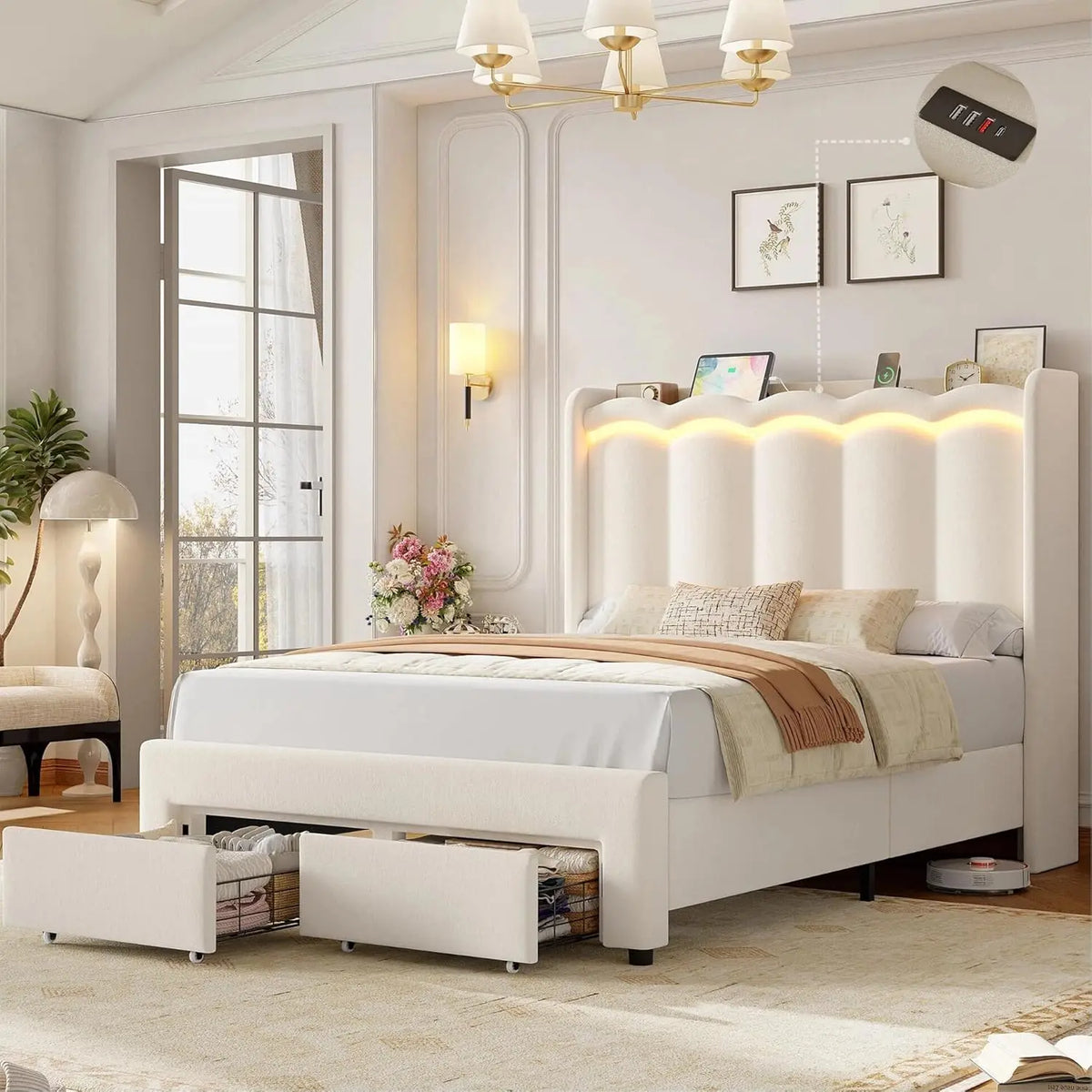 Full LED Bed Frame with USB Charging & 2 Drawers, Velvet Wingback Headboard, No Box Spring, Customized