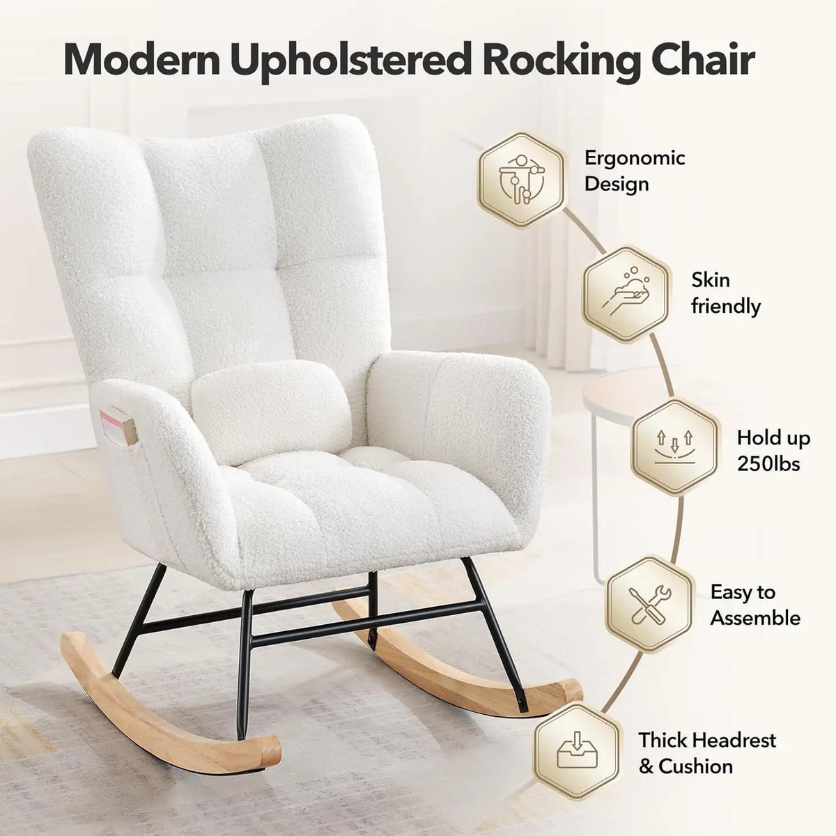 Studyset Modern Upholstered Boucle Rocking Chair With Side Pocket