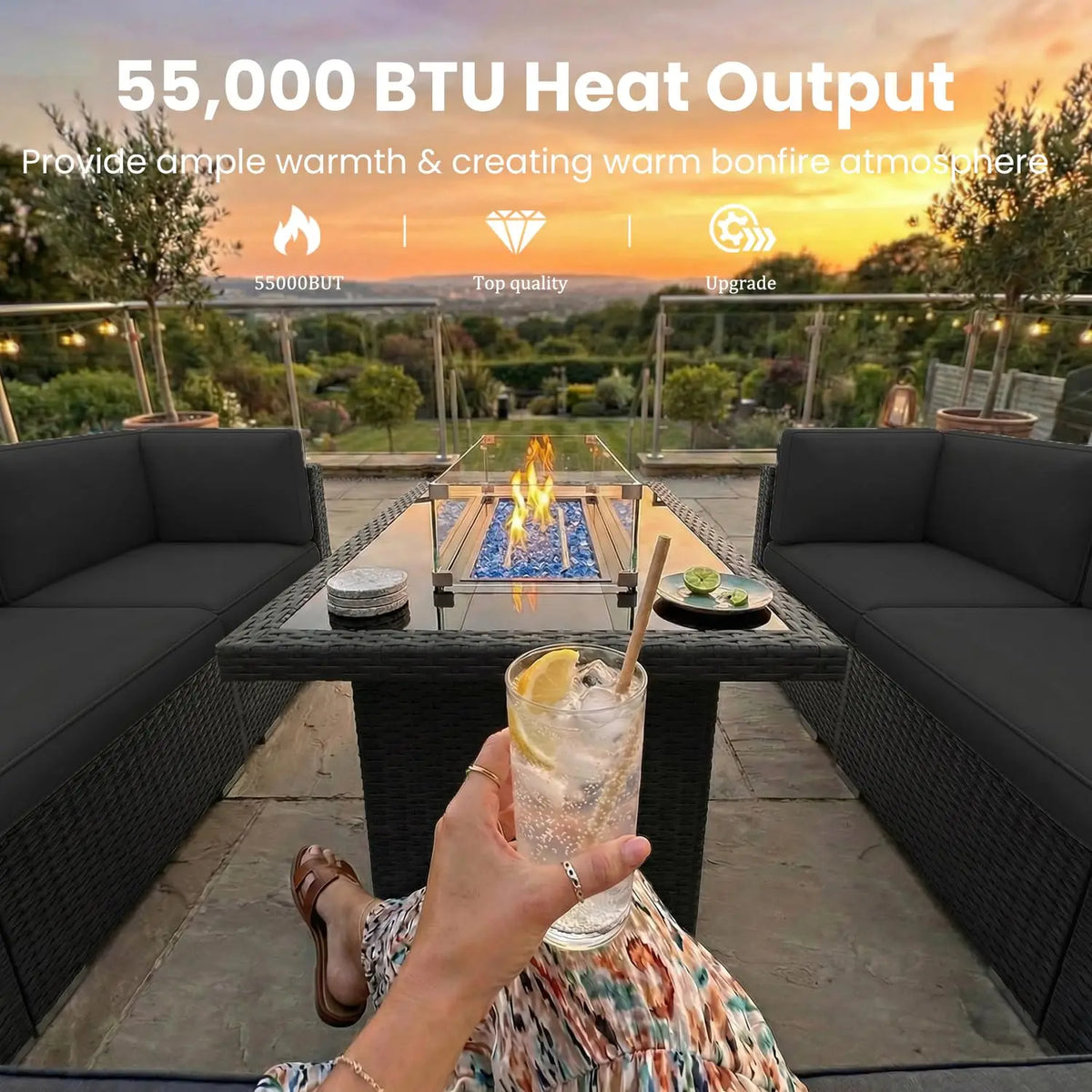Wicker Outdoor Patio Furniture Set With Gas Fire Pit Table