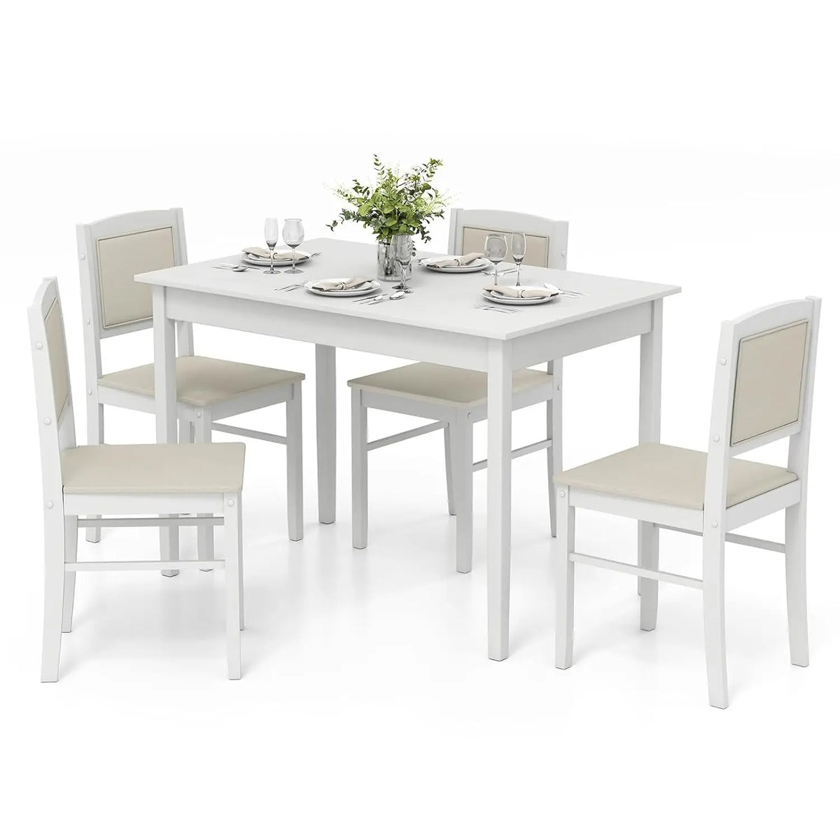 Dining Table Set for 4, Farmhouse Solid Wood Dinette Set w/Rubber Wood Legs, Upholstered Seat & Padded Backrest,, Customized