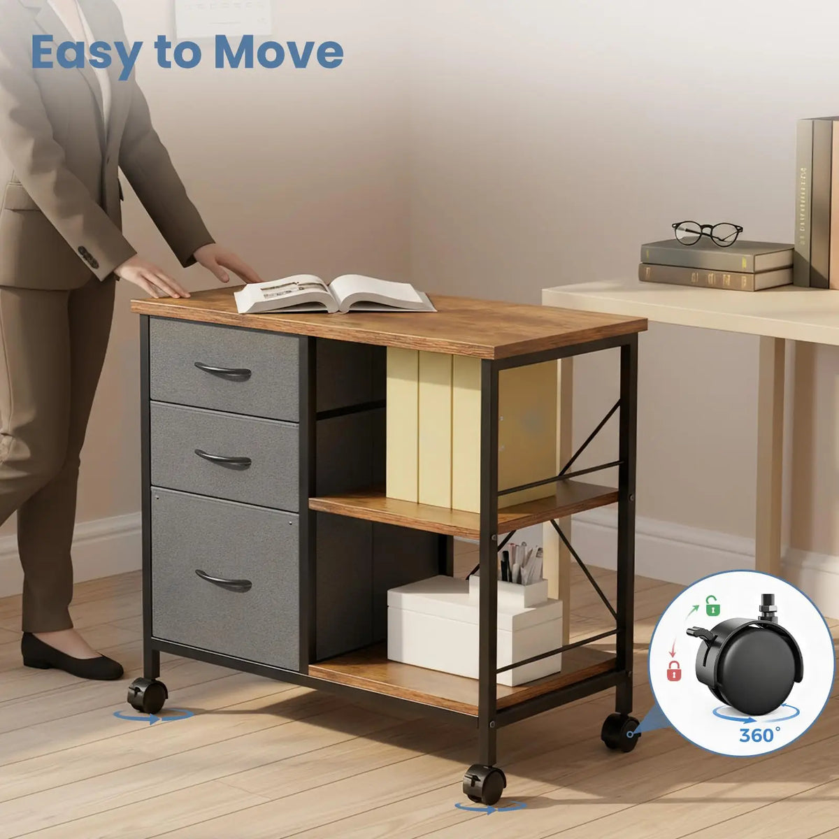 JHK 3 Drawer Mobile Fabric Wardrobe With Steel Frame