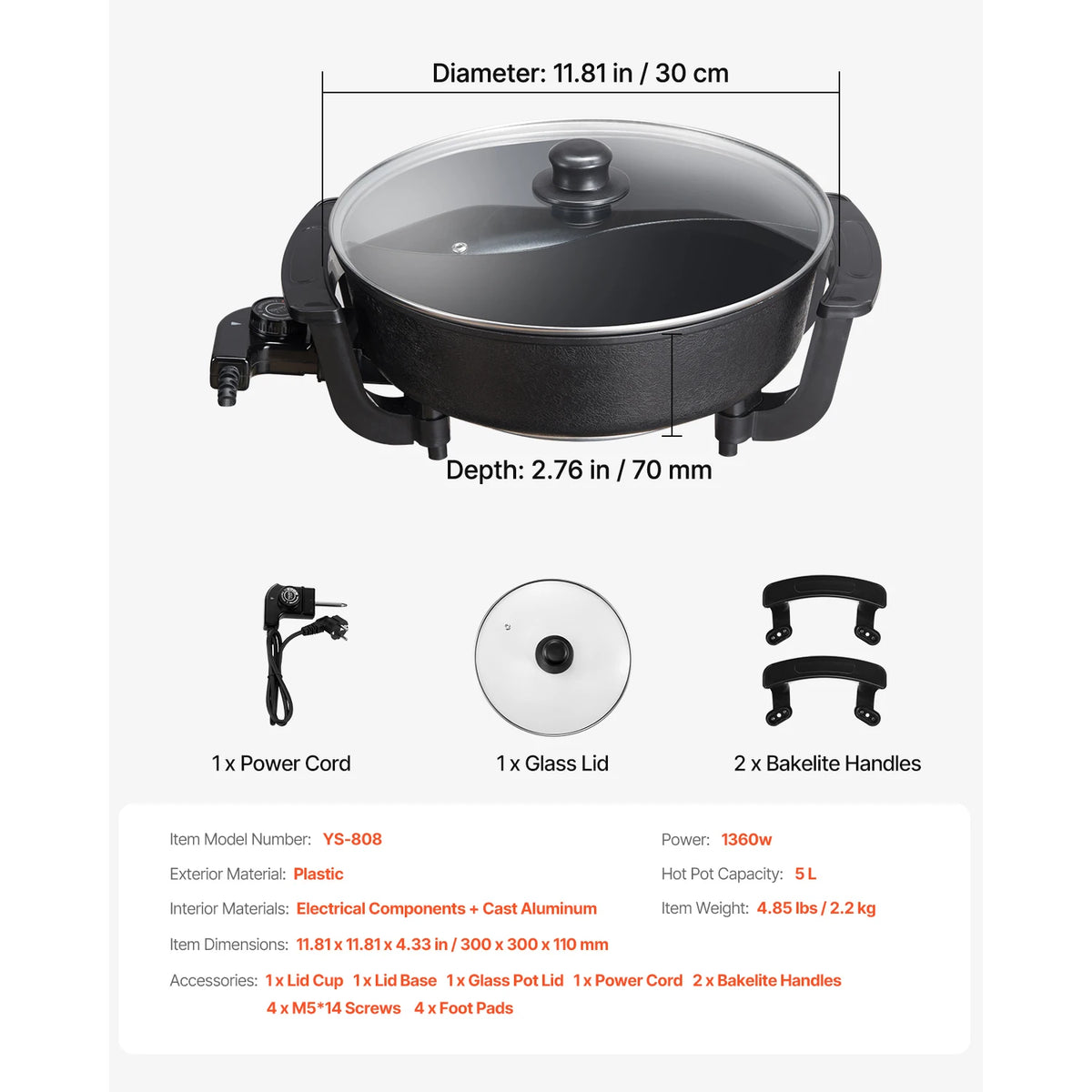 SucceBuy Dual Flavor Electric Hot Pot With Glass Divider Lid