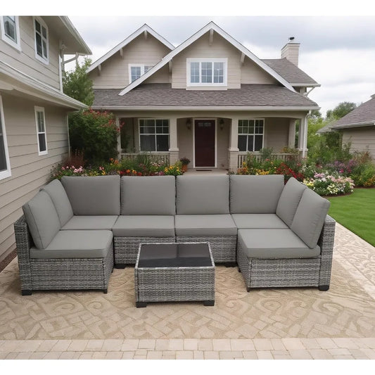 Xiaolang Outdoor Patio Sectional Sofa With Glass Table And Cushions