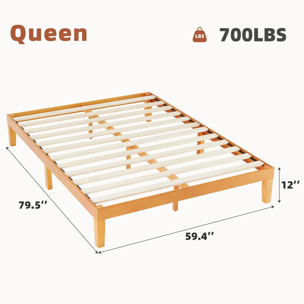JHK Durable Pine Wood Bed Frame With Sturdy Slat Support