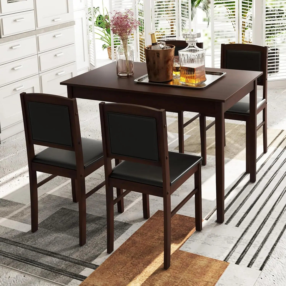 Dining Table Set for 4, Farmhouse Solid Wood Dinette Set w/Rubber Wood Legs, Upholstered Seat & Padded Backrest,, Customized