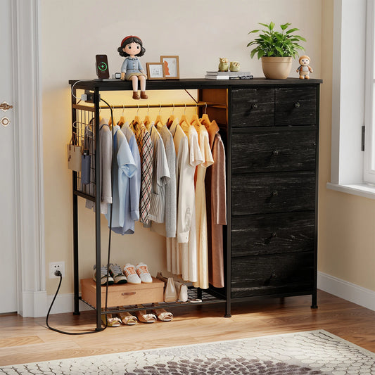 JHK Fabric Dresser With Hanging Rack And Charging Station Storage