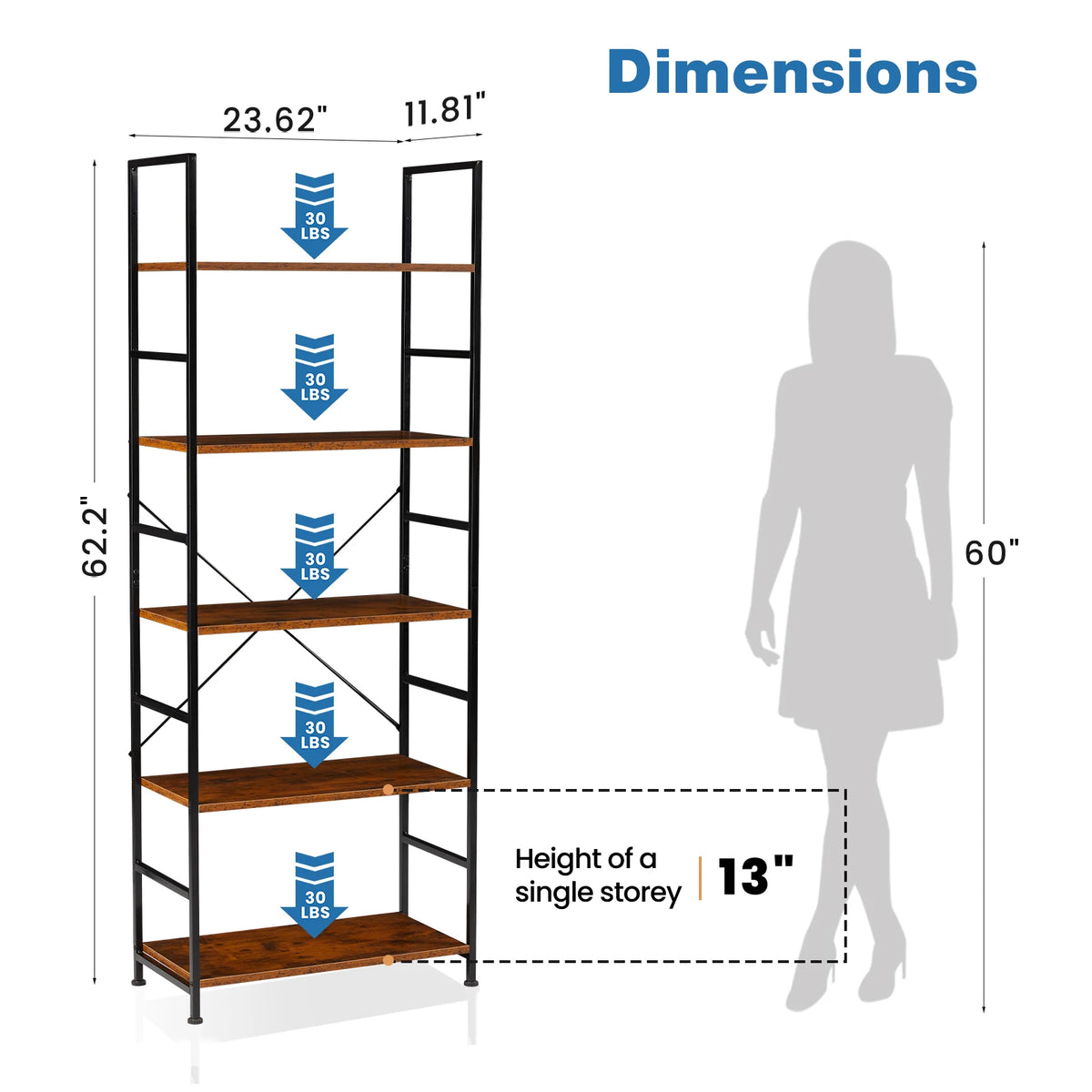 JHK Metal Bookcase Modern Home Office Storage Organizer