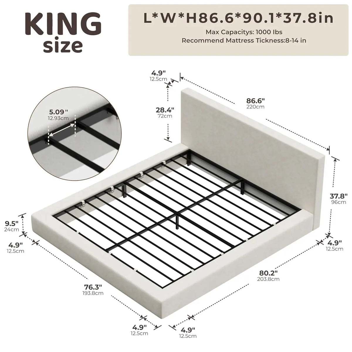 Modern Upholstered Platform Bed Frame With Foam Padded Headboard