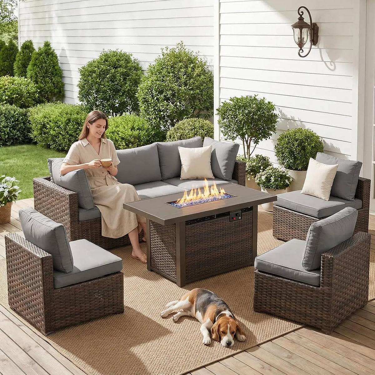 Xiaolang Seven Piece Outdoor Sectional Sofa With Fire Pit Table