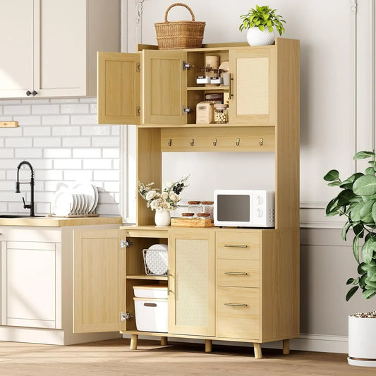 HiMISS Freestanding Rattan Kitchen Pantry Storage Cabinet