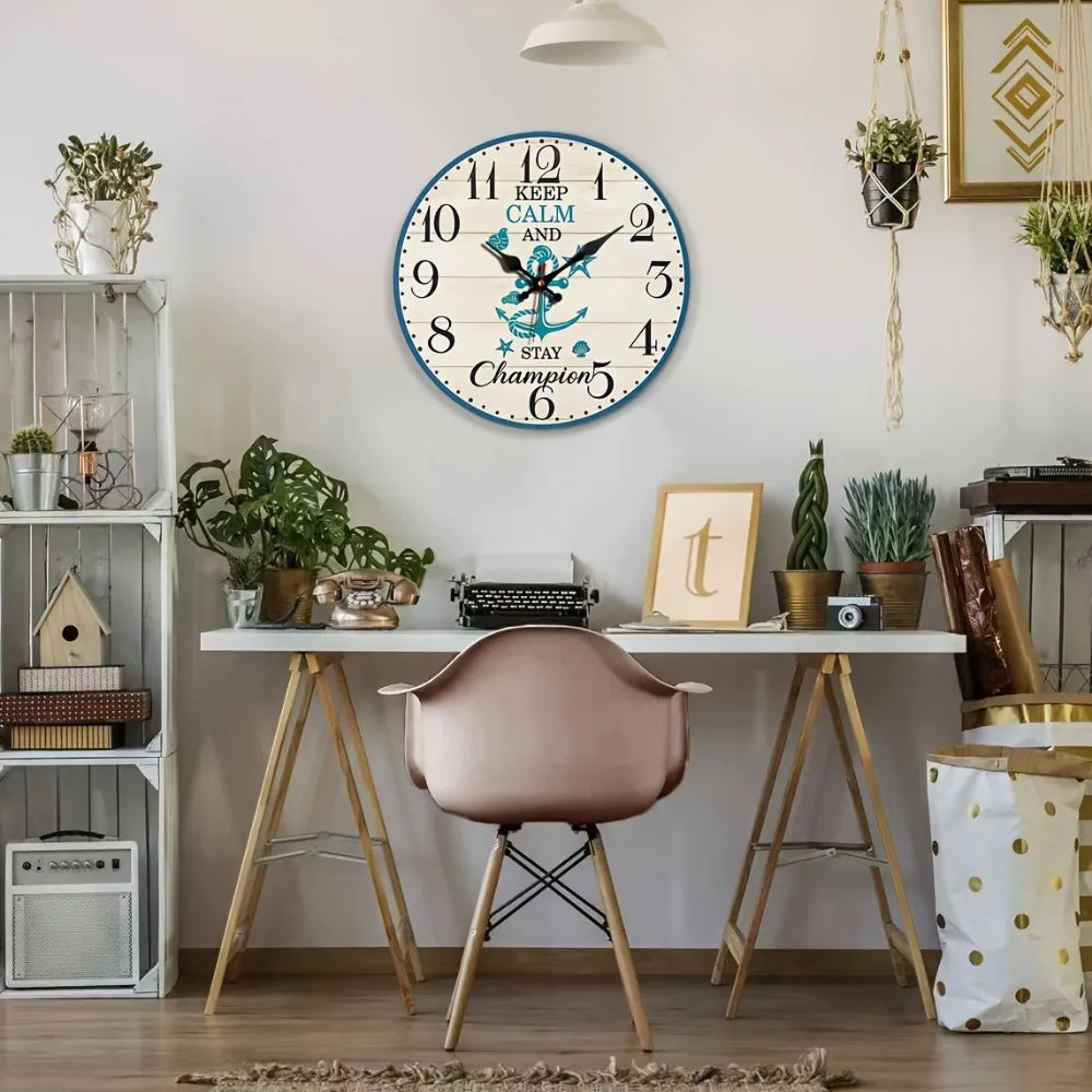 A Round Wall Clock with a Blue And White Ocean Theme, Silent And Non-Ticking, Perfect for Home Decoration During Holidays Or As