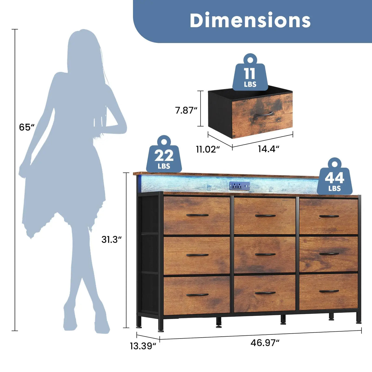 Jhk Media Console With Nine Fabric Drawers Modern Tv Stand
