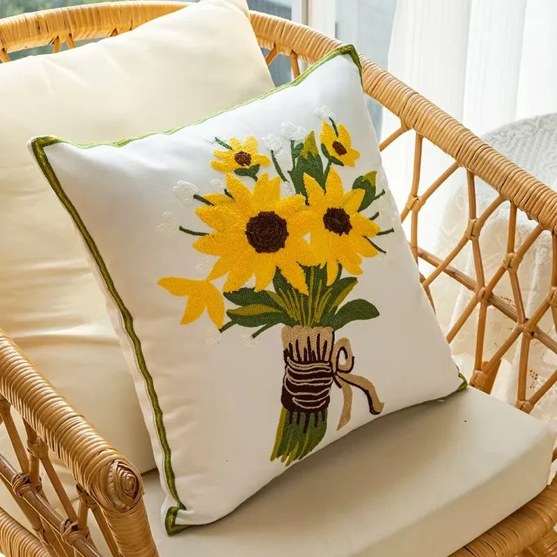 Floral Embroidered Cotton Blend Nordic Style Pillow Cover For Sofa