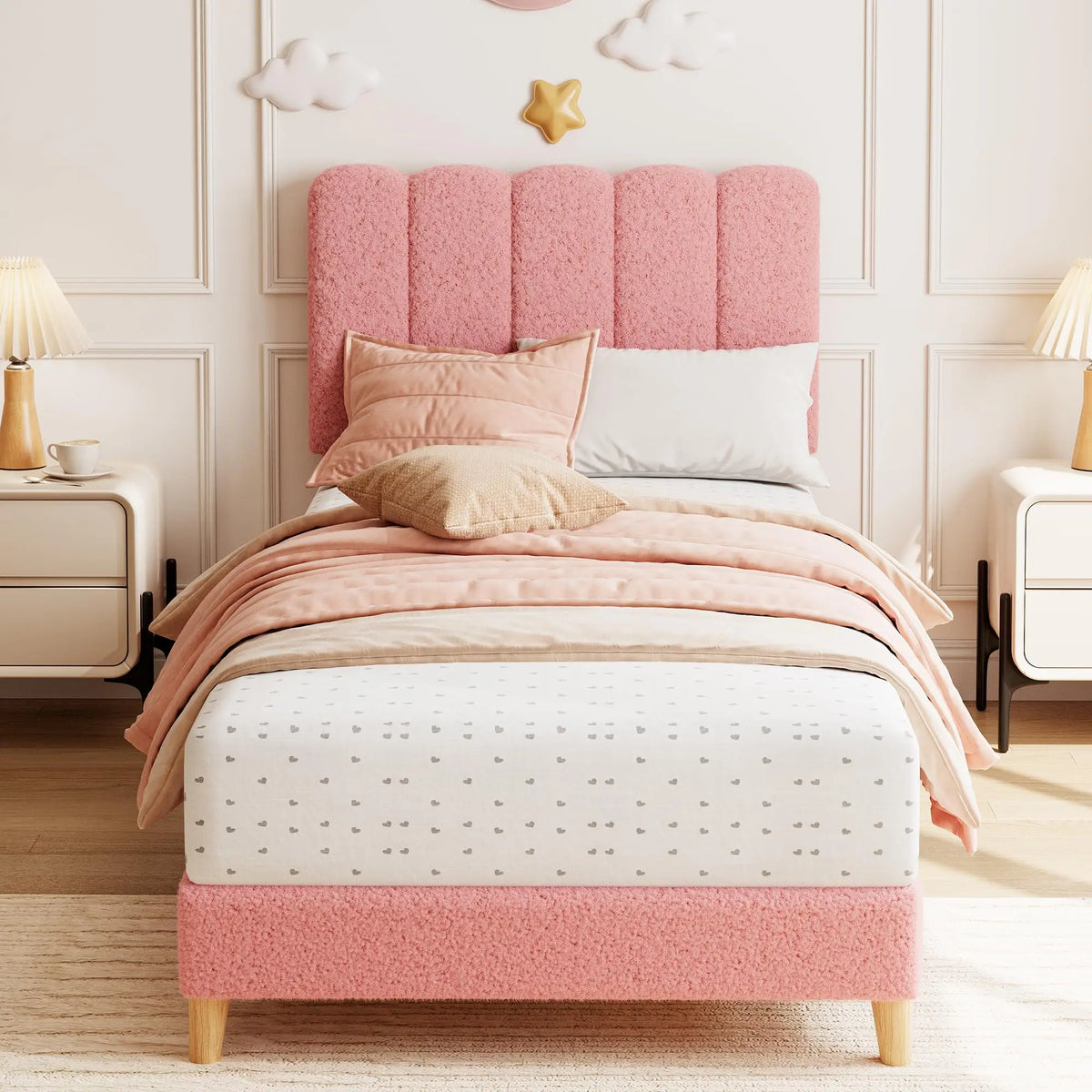Modern Upholstered Platform Bed With Wave Headboard And Wooden Slats