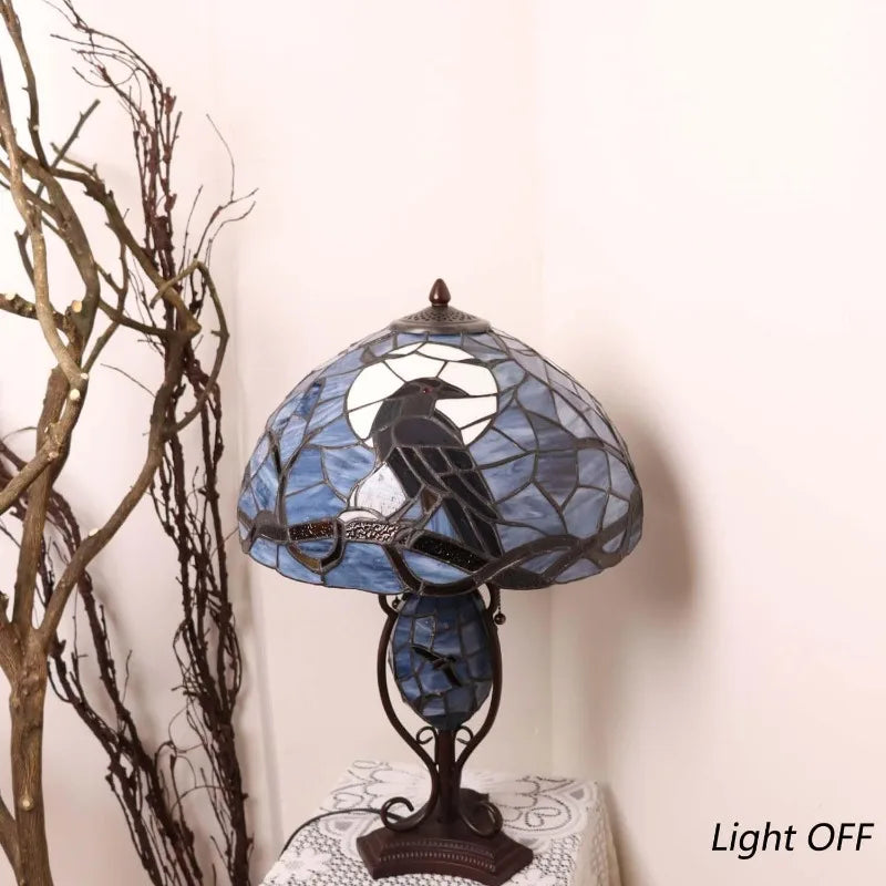 Raven On Bare Branch Full Moon Tiffany Stained Glass Lamp