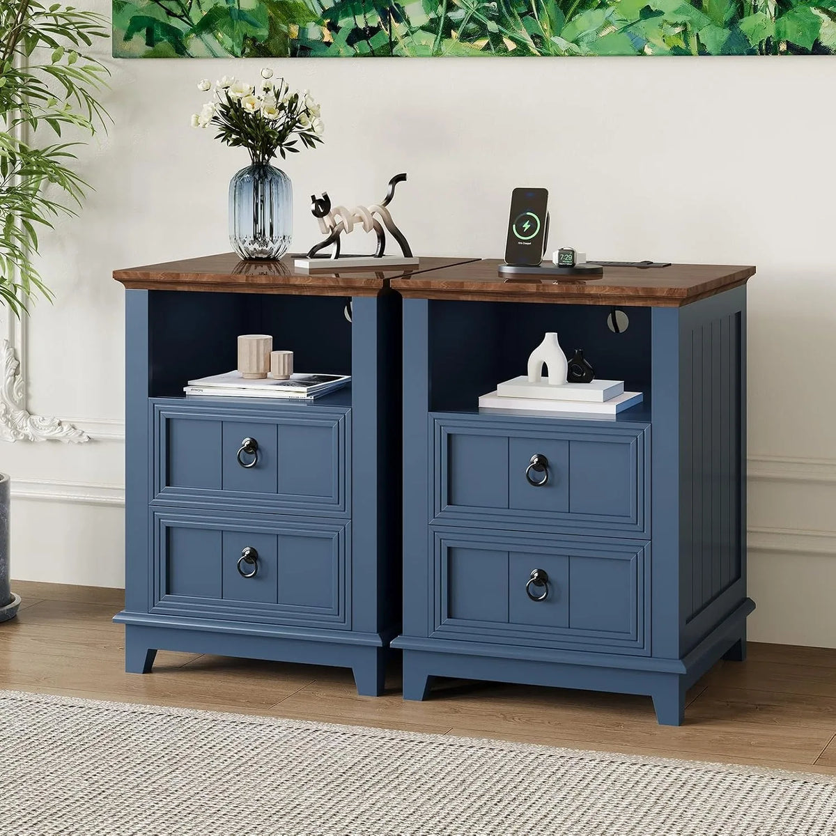 Modern Fluted Wood Nightstand With Usb Charging Station And Shelf