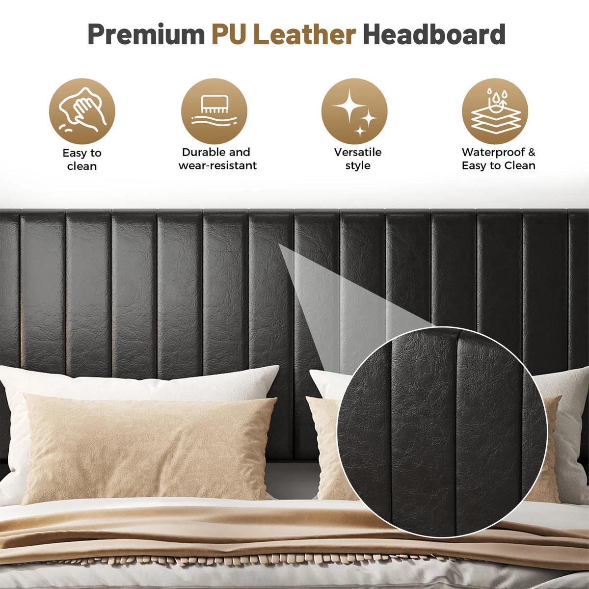 MCQ Wooden Bed Frame With PU Leather Wingback Headboard