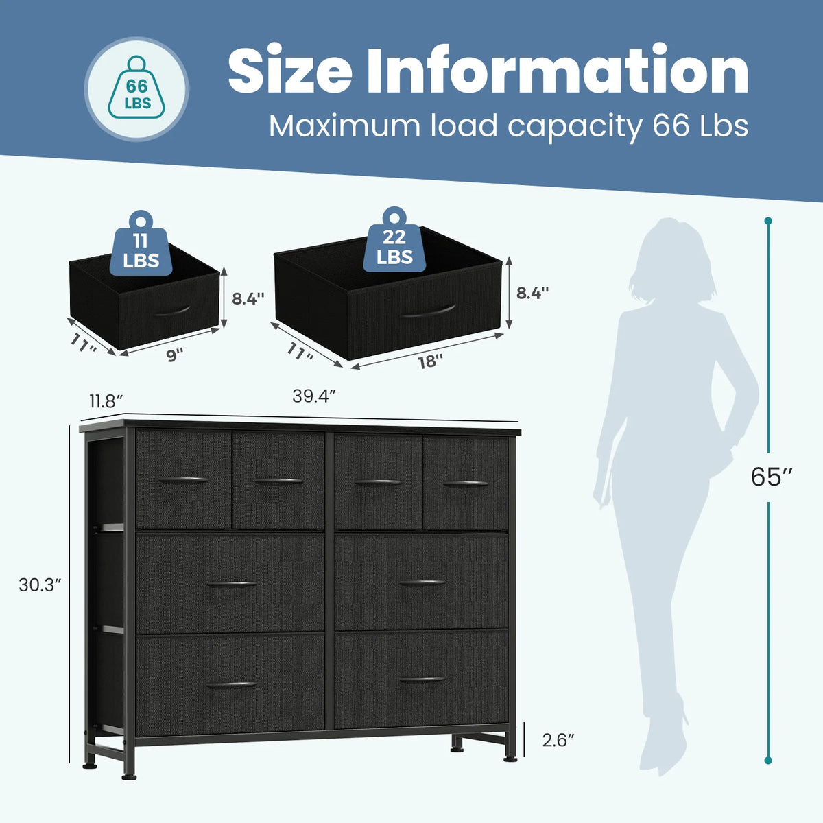 JHK Modern Fabric Drawers Dresser With Wood Top