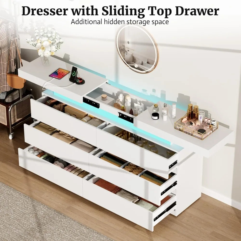 Led 6 Drawer Bedroom Dresser Featuring Charging Station